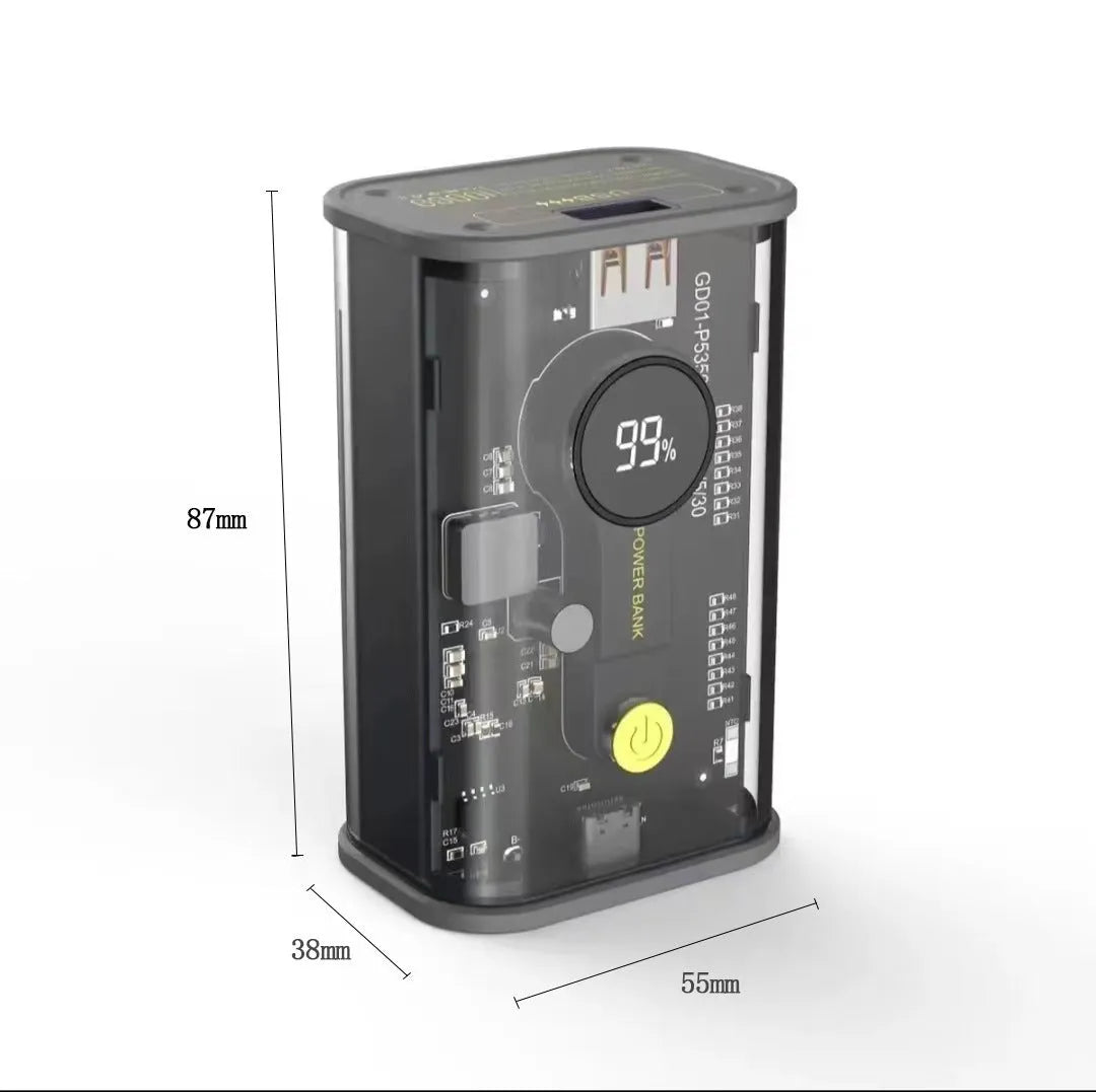 Transparent yellow industrial power bank showing internal aluminium battery case and 18650 cells