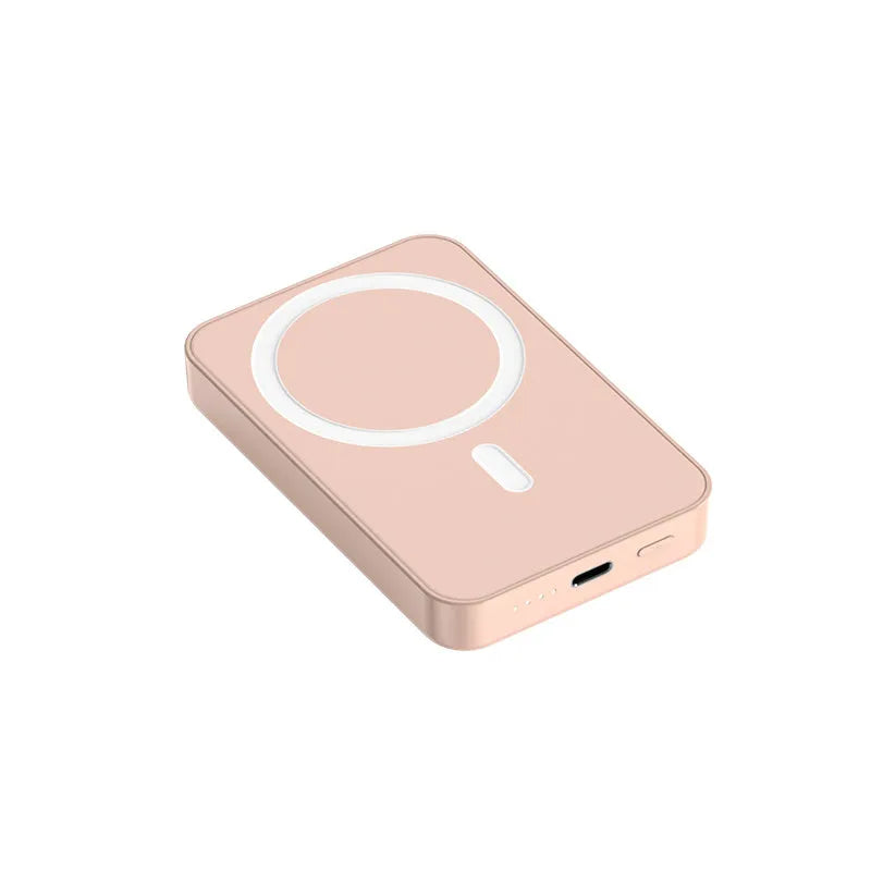 Magnetic wireless power bank in plastic case with 20000mAh capacity showing pink, purple, white colour options
