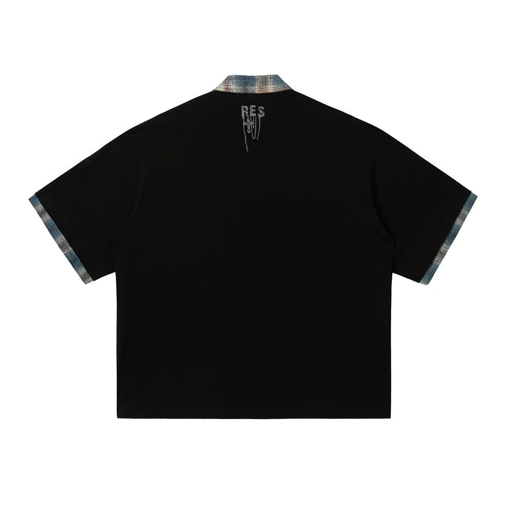 Men's loose fit cotton short-sleeved top with asymmetric graffiti print in blue or red