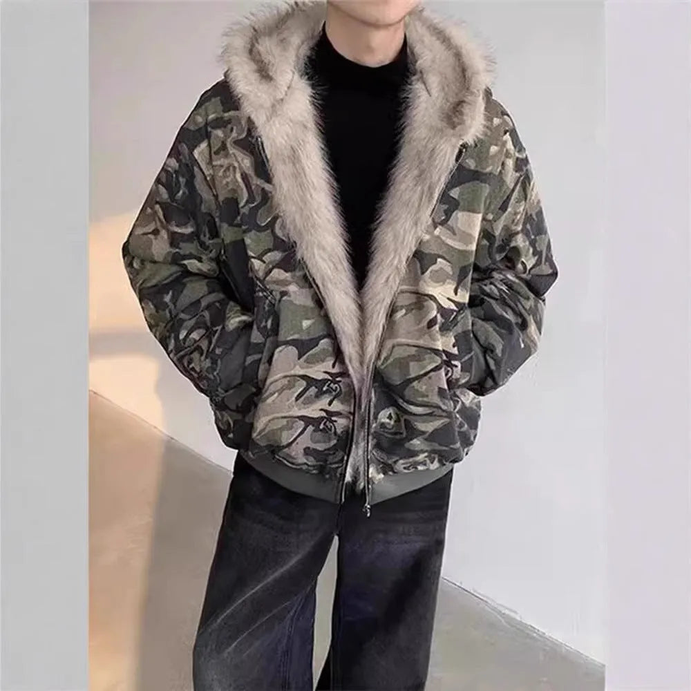 Men's retro washed camouflage fur collar hood jacket with loose fit and cotton lining