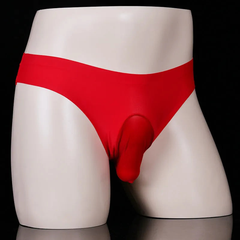 Ice silk men's underwear briefs in T-back design with open gun egg mould option on black background