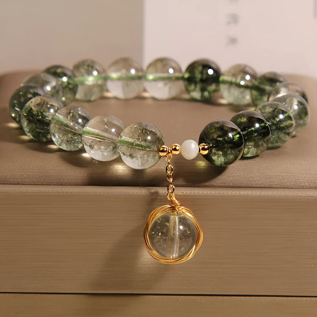 Natural chlorite crystal bracelet with green phantom quartz winding transfer beads, women's style