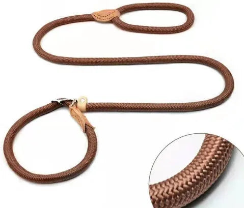 Brown nylon dog leash held in hand showing its 2.1 metre length and P chain handle.