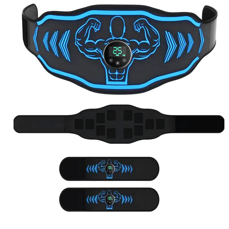 Rechargeable EMS smart massage belt and host unit in blue or orange with arm stickers
