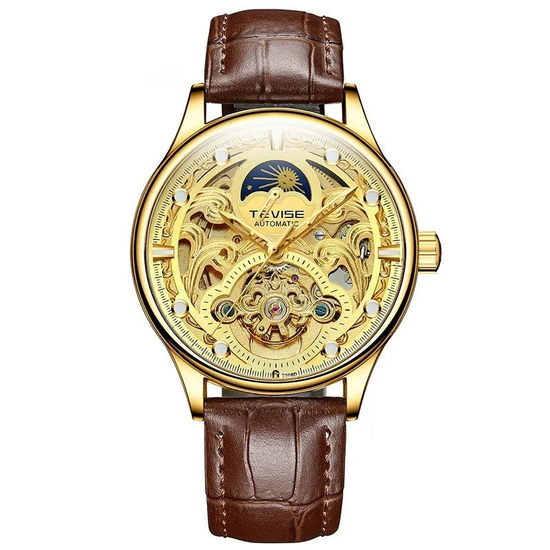 Men's gold leather strap automatic waterproof watch with 16mm thick case