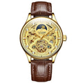 Men's gold leather strap automatic waterproof watch with 16mm thick case