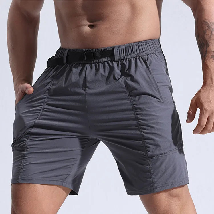 Men's athletic cargo shorts with pockets and elastic waistband in black color, mid-length cut