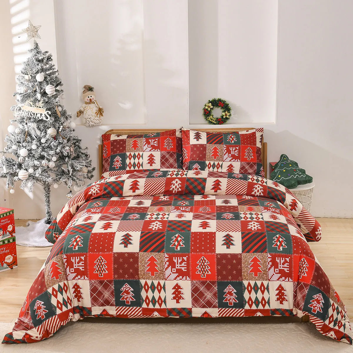 Christmas red plaid pattern bedding three-piece set showing duvet cover and pillowcases