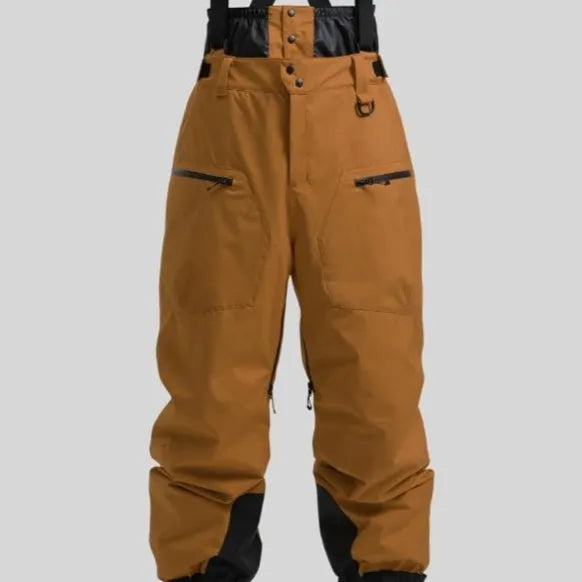 Men's black waterproof ski trousers with adjustable belt straps made from thick linen fabric.