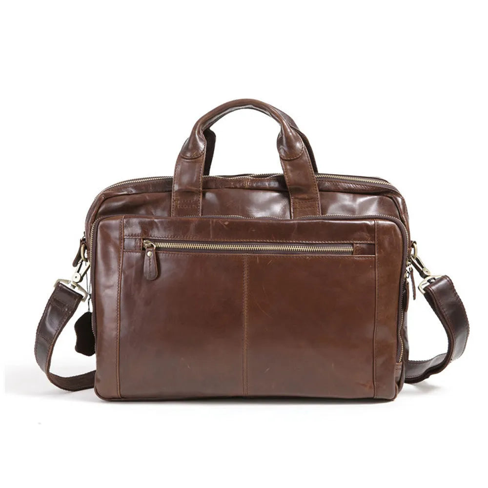 Brown men's business briefcase made from first layer cowhide leather, 18-inch size.