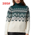 Women's jacquard turtleneck pullover sweater in blue with retro pattern, long sleeves, and polyester fabric