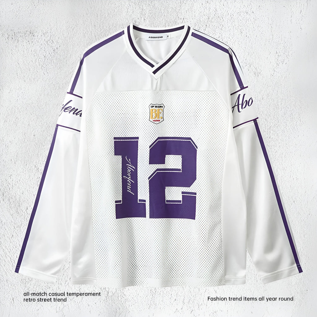 Men's digital printed long-sleeved V-neck jersey top in white with contrast colour design