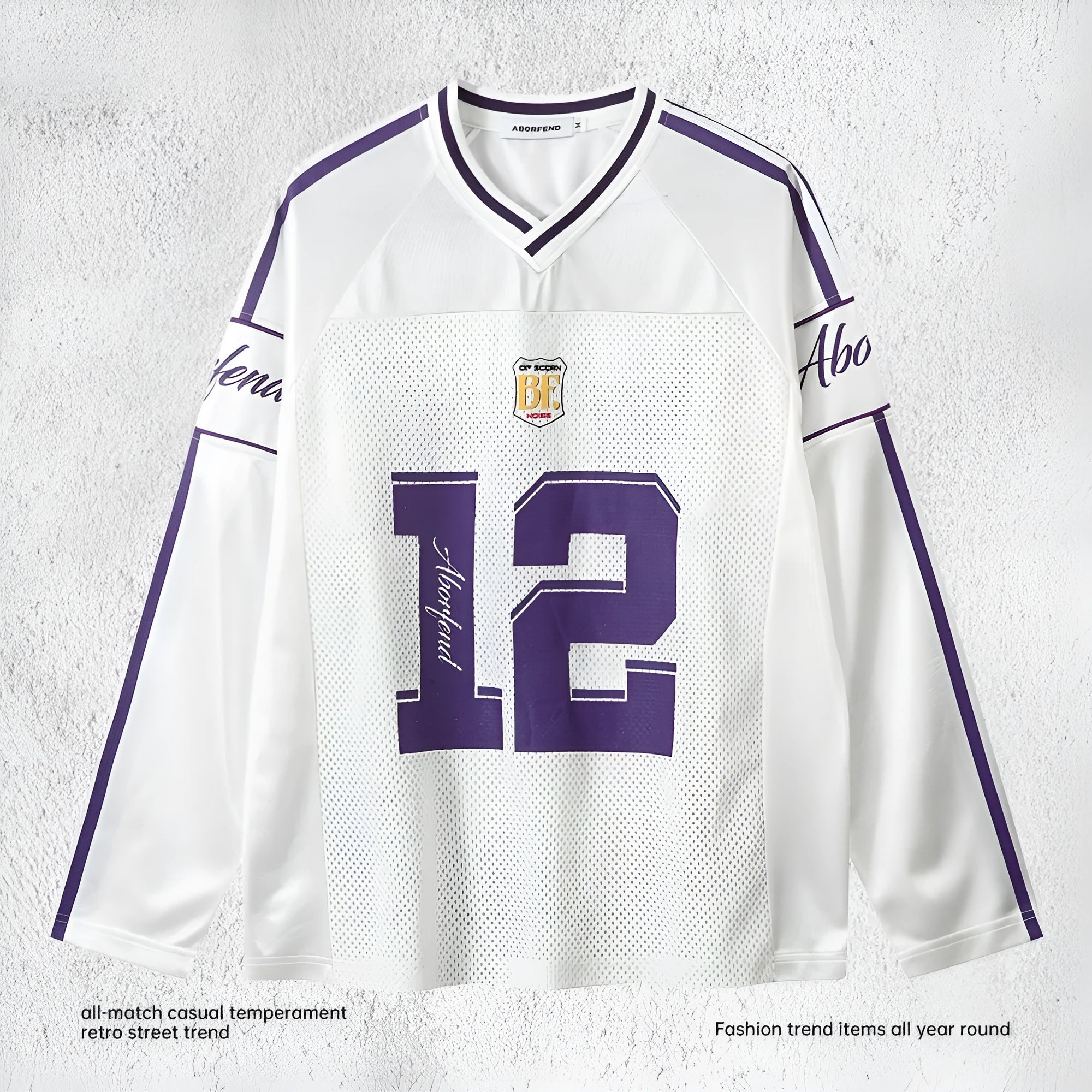 Men's digital printed long-sleeved V-neck jersey top in white with contrast colour design