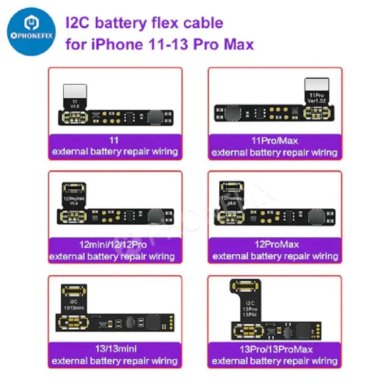 I2C battery data recovery instrument with BR-13 host unit and multiple iPhone battery cables on a repair mat