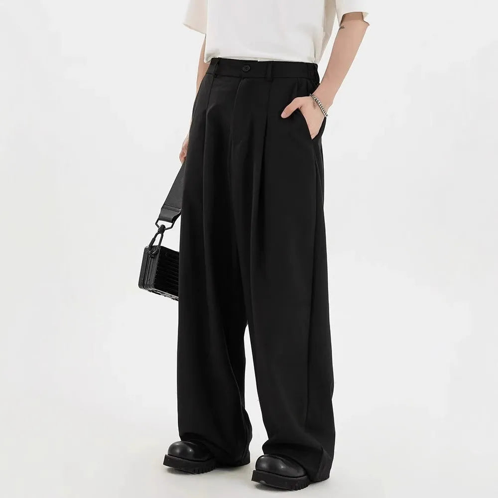 Men's straight casual trousers in black, loose fit with polyester fabric