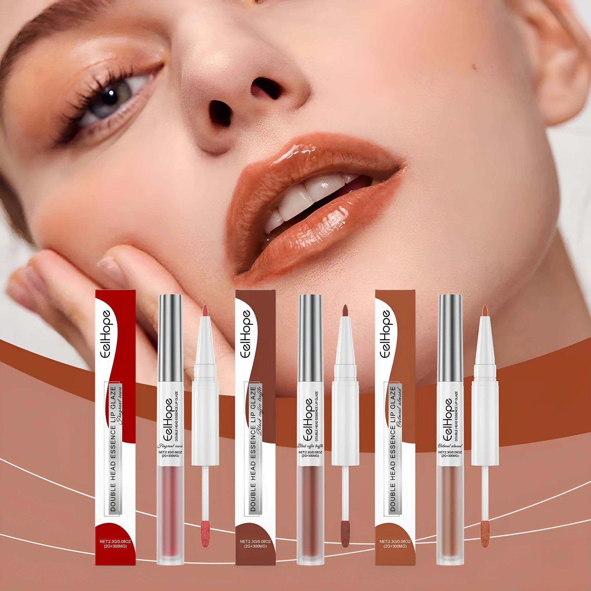 Double-headed lip liner and lip lacquer pen in a choice of three colours.
