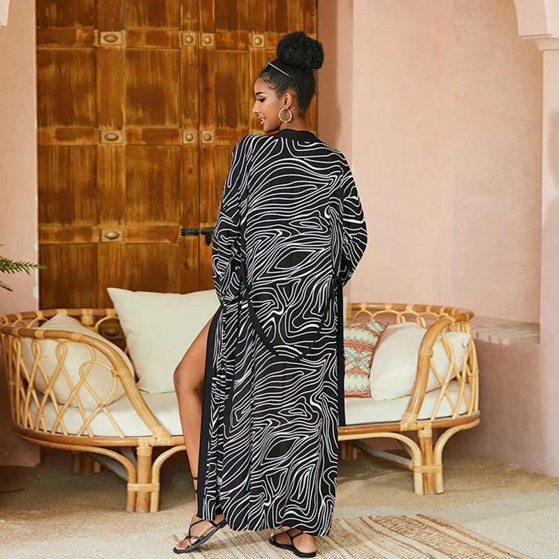 Printed beach cover-up for women in black white line with cotton lining and rayon fabric, average size
