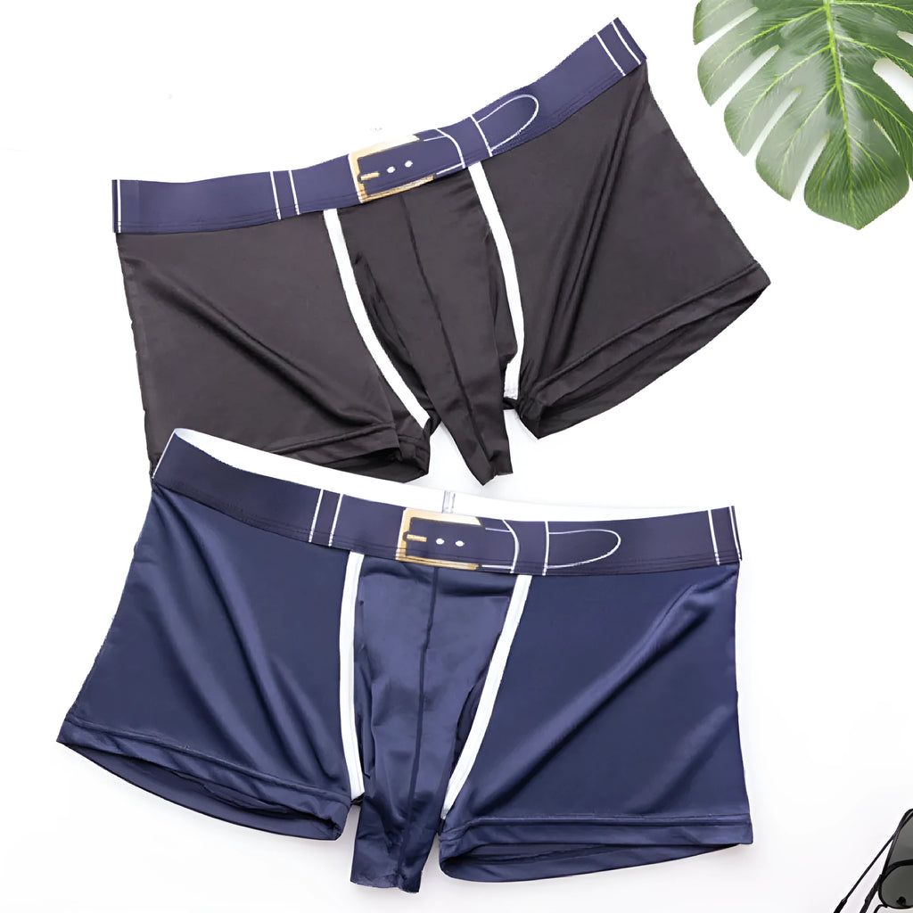 Men's solid colour boxer shorts in ice silk fabric, shown in grey, on a white background.