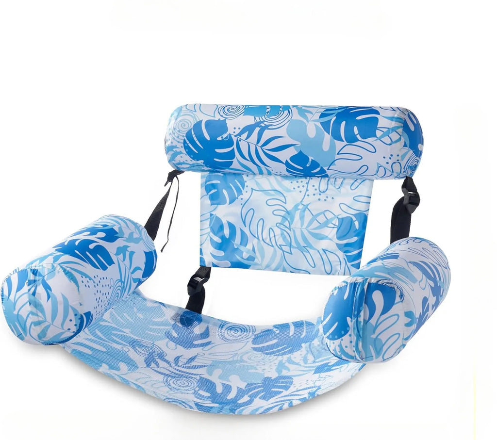 Inflatable floating hammock chair in blue leaves pattern, made of ordinary PVC, for pool or lake use