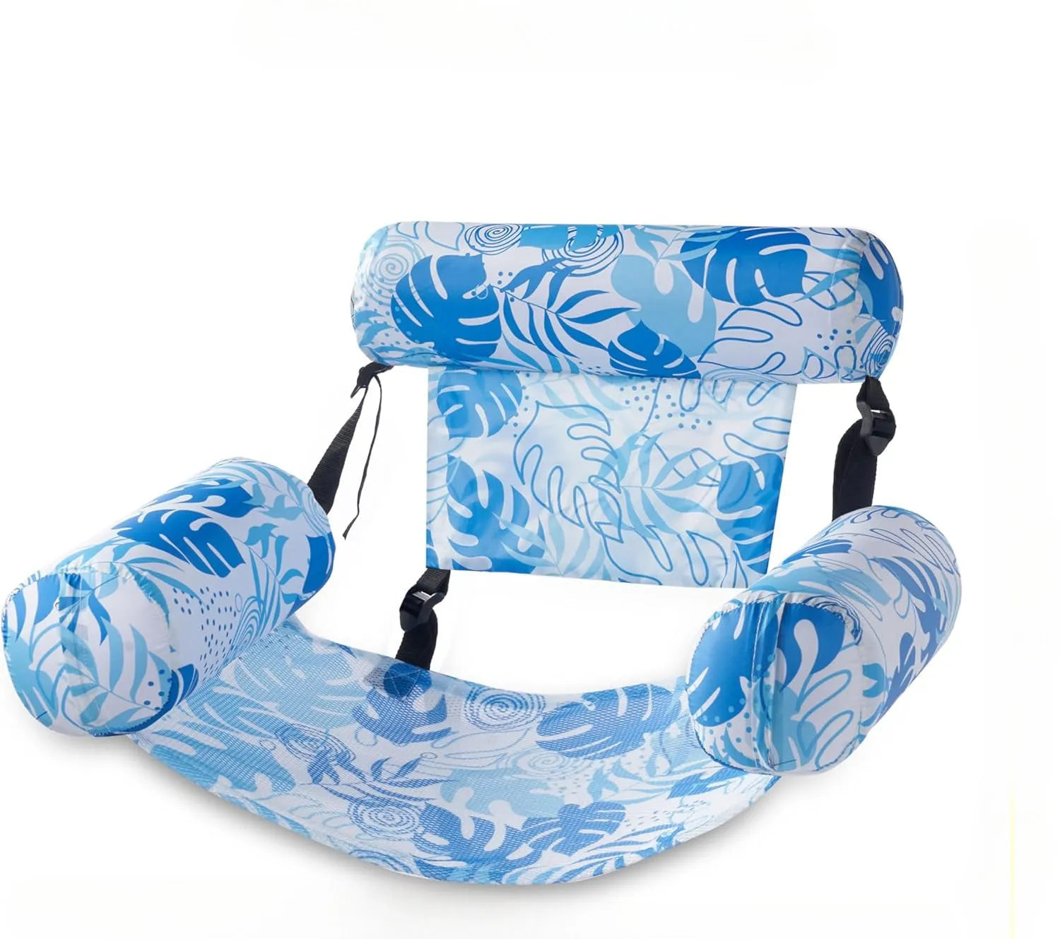 Inflatable floating hammock chair in blue leaves pattern, made of ordinary PVC, for pool or lake use