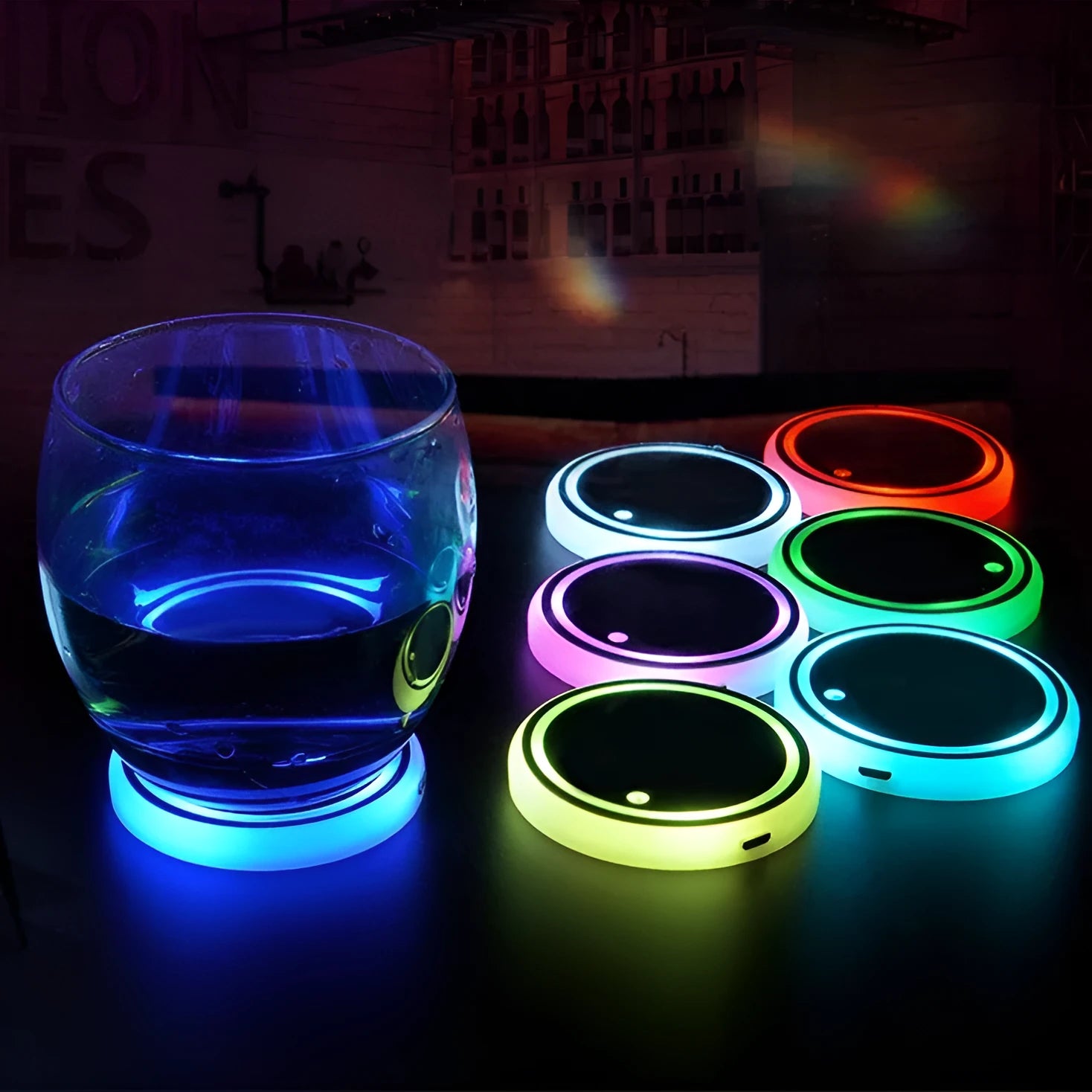 LED light up car cup holder coaster with seven colour options showing solar panel and USB charging port