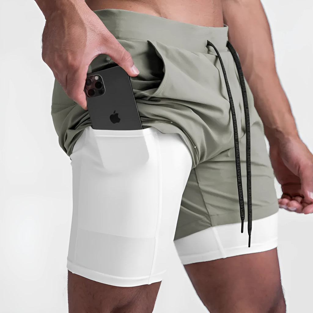 Sports casual quick-drying double-layer two-in-one running shorts with liner, polyester, beige colour, men's size M