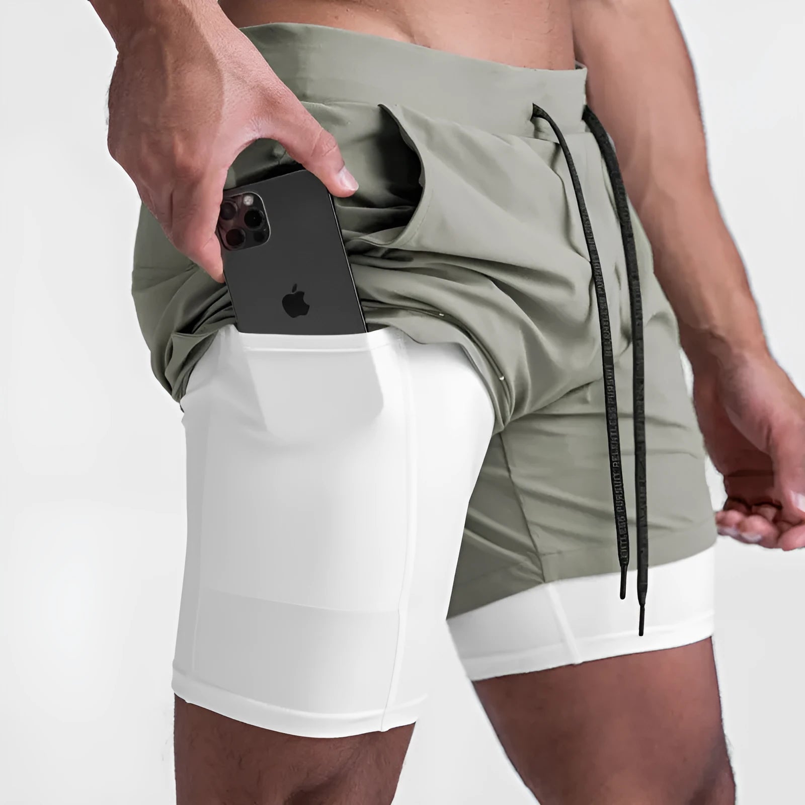 Sports casual quick-drying double-layer two-in-one running shorts with liner, polyester, beige colour, men's size M