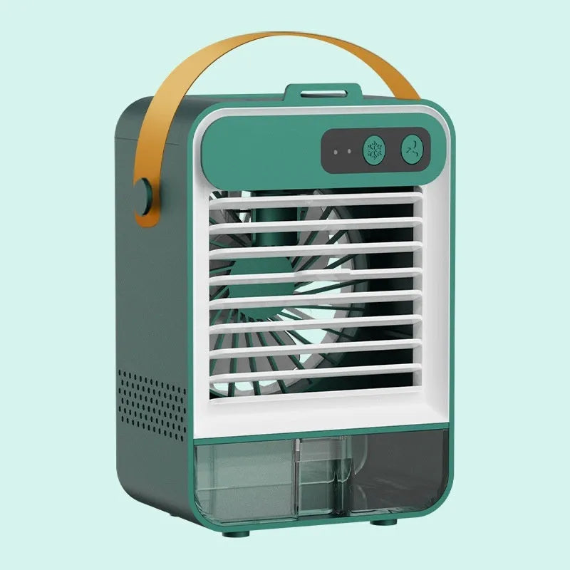 Dark green compact USB desk fan with five blades on a desktop, showing touch controls and portable design.