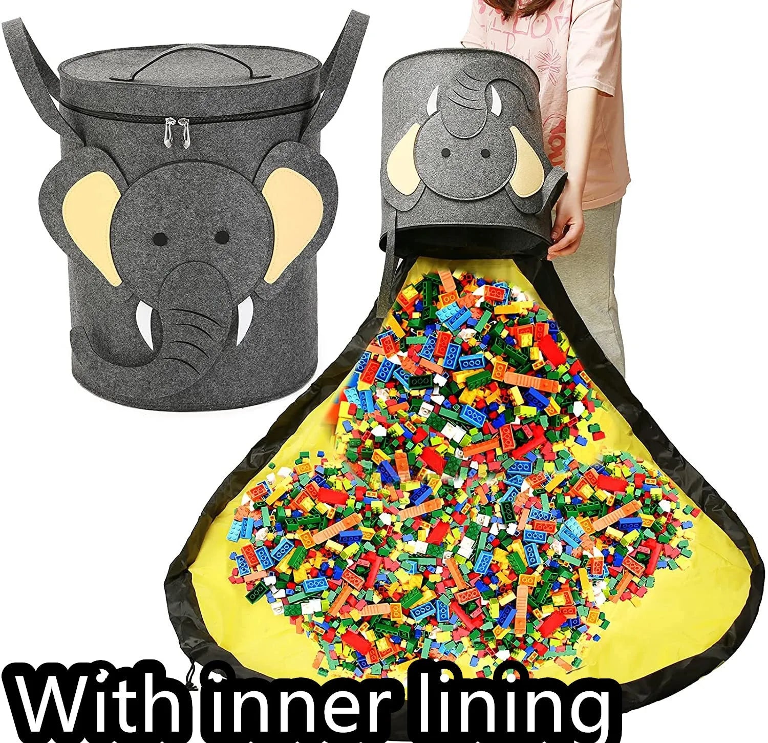 Green felt cube storage bag with pull rope, laid flat as a play mat for toys.