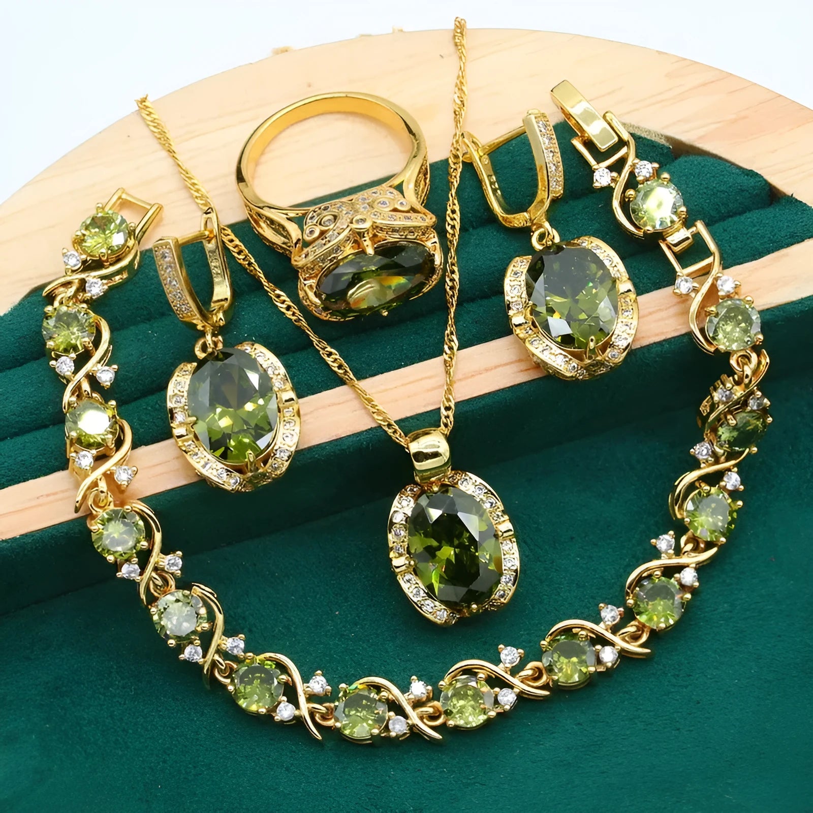 Women's full rhinestone zircon jewellery set with snake bones chain in olive green or red colour