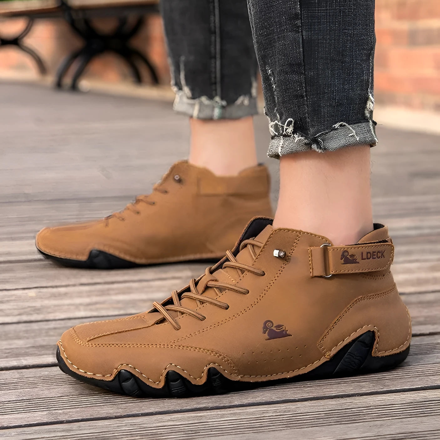 Men's khaki high-top octopus boots with microfiber upper and rubber sole shown on a white background