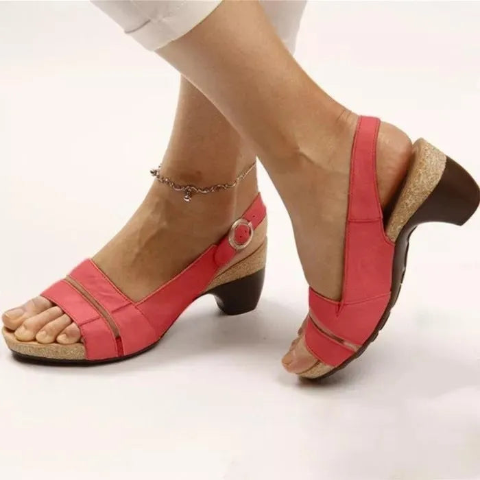 Women's ankle strap sandals in low heel peep toe style with buckle fastening, synthetic leather upper, multiple colours available