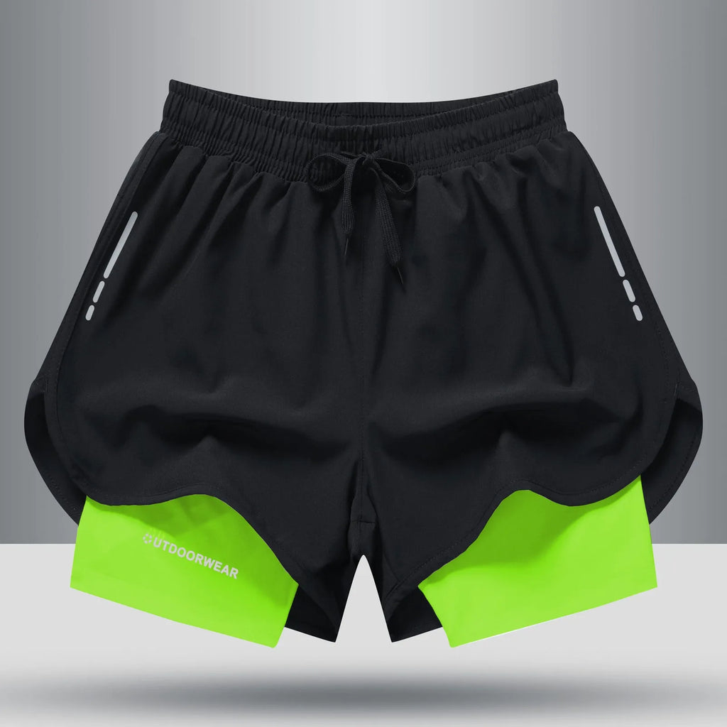 Men's double layer quick dry sports shorts with spandex liner, polyester outer, elastic waistband, available in gray, black, blue, black and white sizes M to 6XL