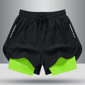 Men's double layer quick dry sports shorts with spandex liner, polyester outer, elastic waistband, available in gray, black, blue, black and white sizes M to 6XL