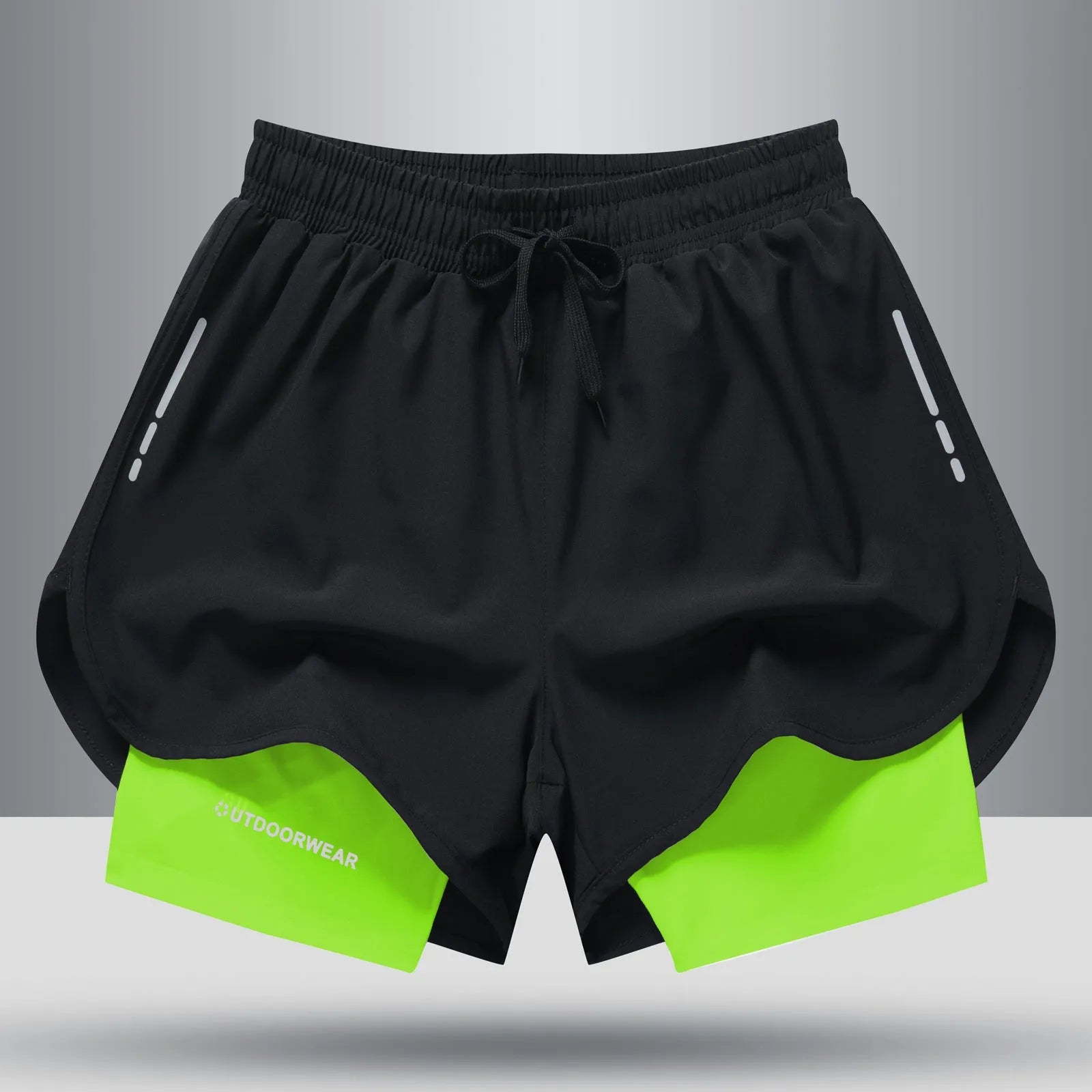 Men's double layer quick dry sports shorts with spandex liner, polyester outer, elastic waistband, available in gray, black, blue, black and white sizes M to 6XL