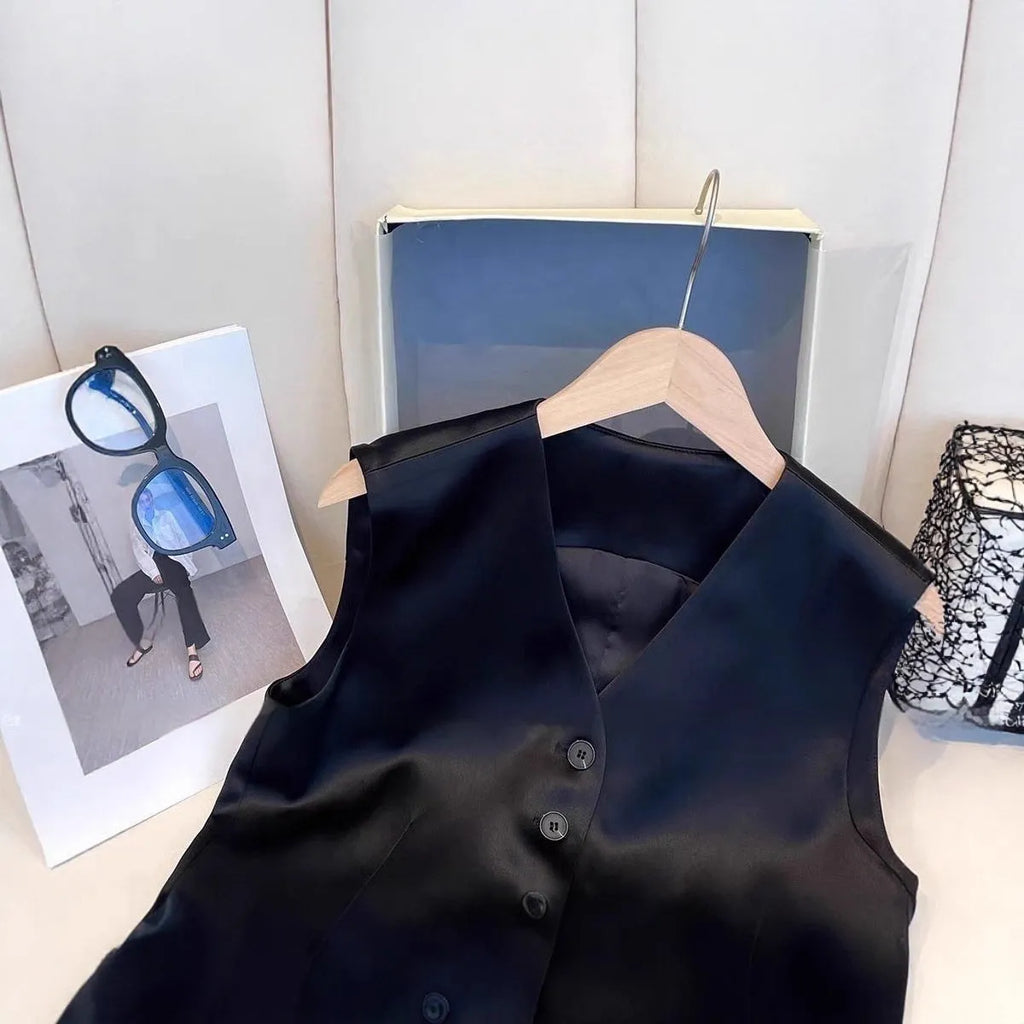 Black satin ladies sleeveless vest on a hanger, showing loose fit and splicing detail.
