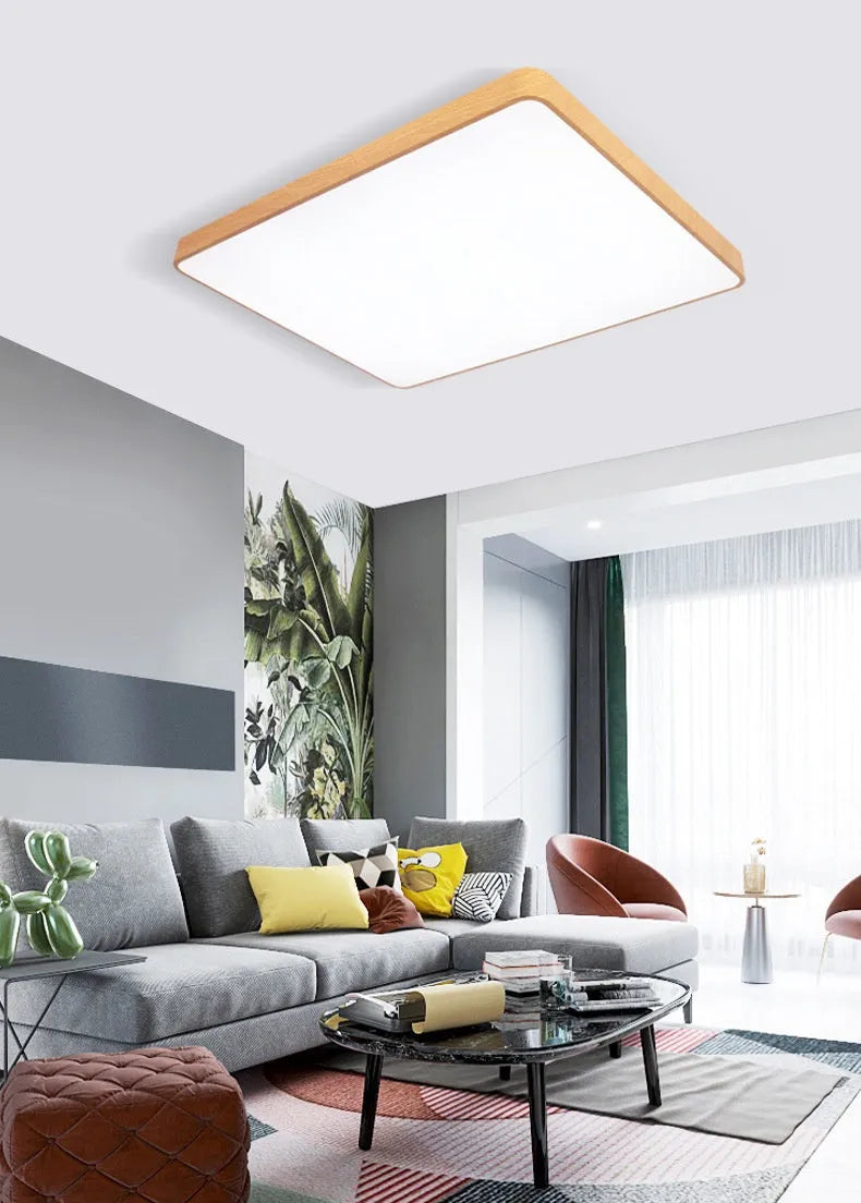 Square Nordic style LED ceiling light with wood grain finish, shown in a bedroom setting.