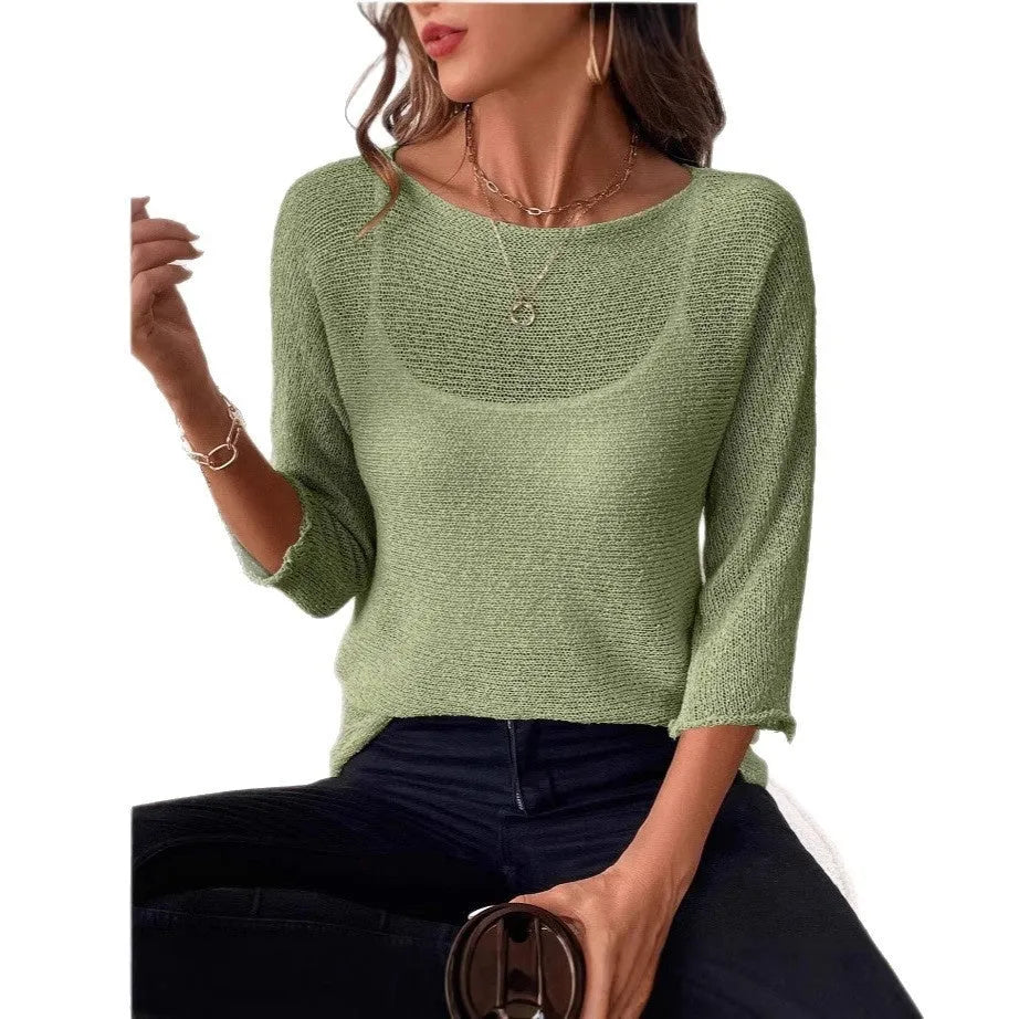 Women's thin knitted off-shoulder jumper in lavender purple with a 3D pattern and 3/4 sleeves.
