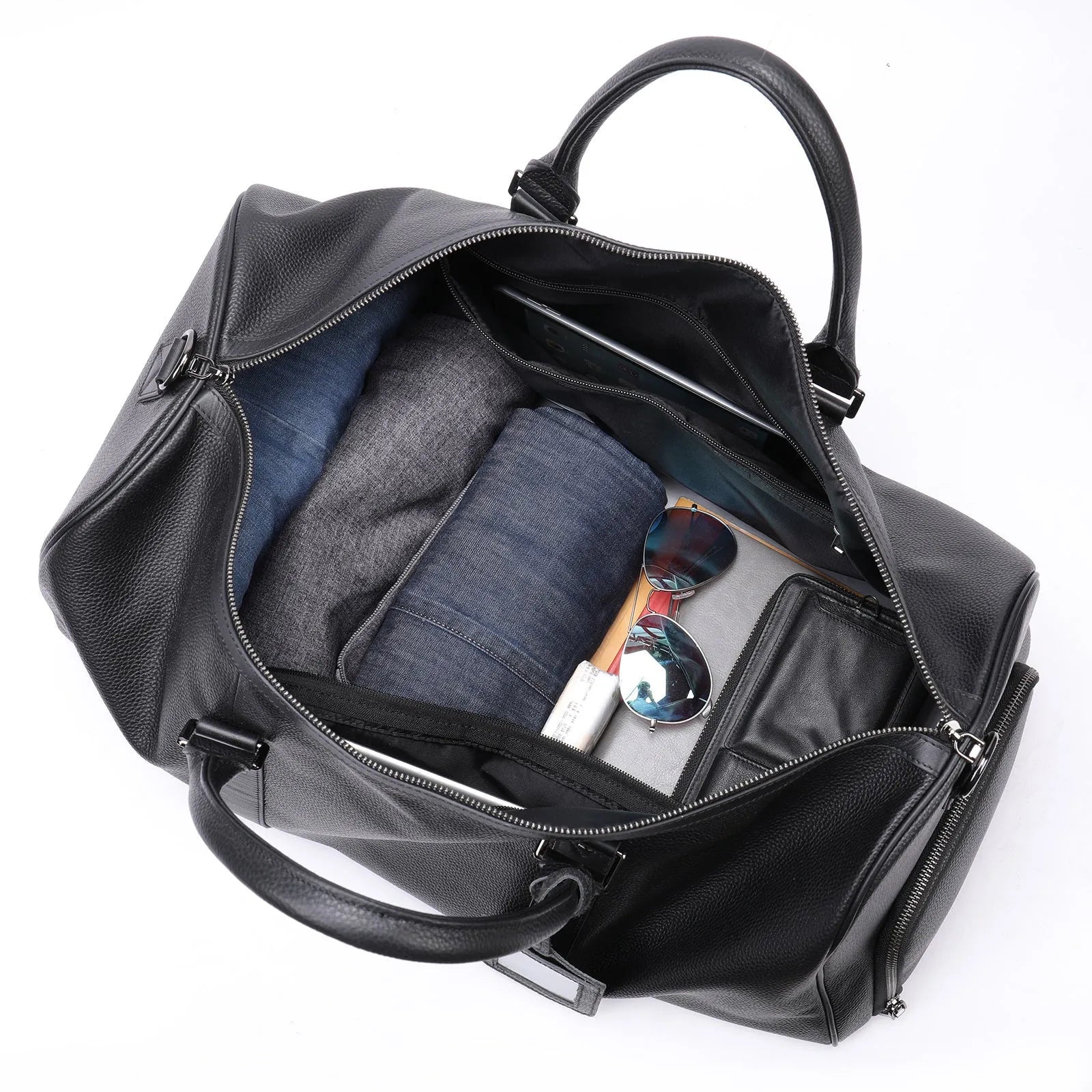 Men's leather tote bag in black and coffee colours showing single strap design and cowhide texture