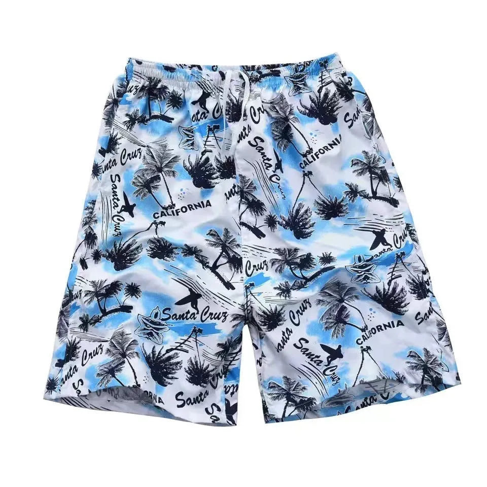Men's floral print five-point swimming trunks in polyester, showing one of 24 available colour patterns.