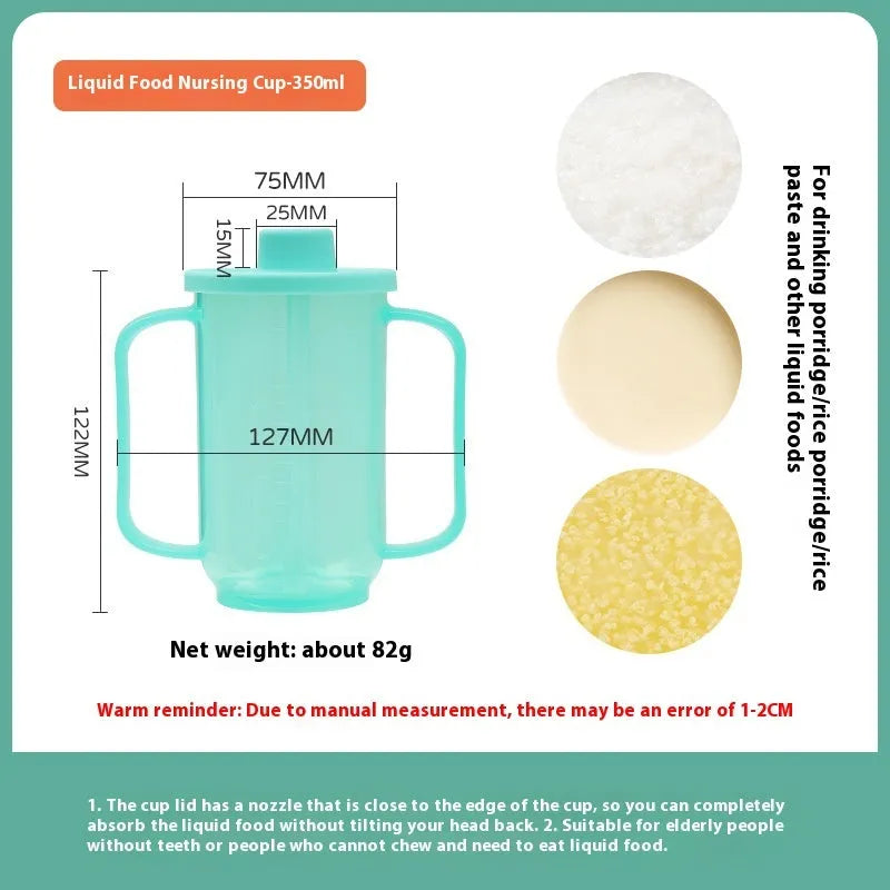 Adult bed drinking cup with oblique anti-choke mouth design and optional wrist splint attachment