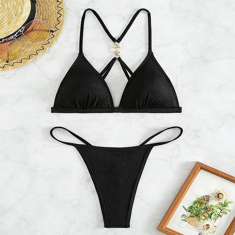 Black women's hollow backless split bikini triangle set with nylon fabric