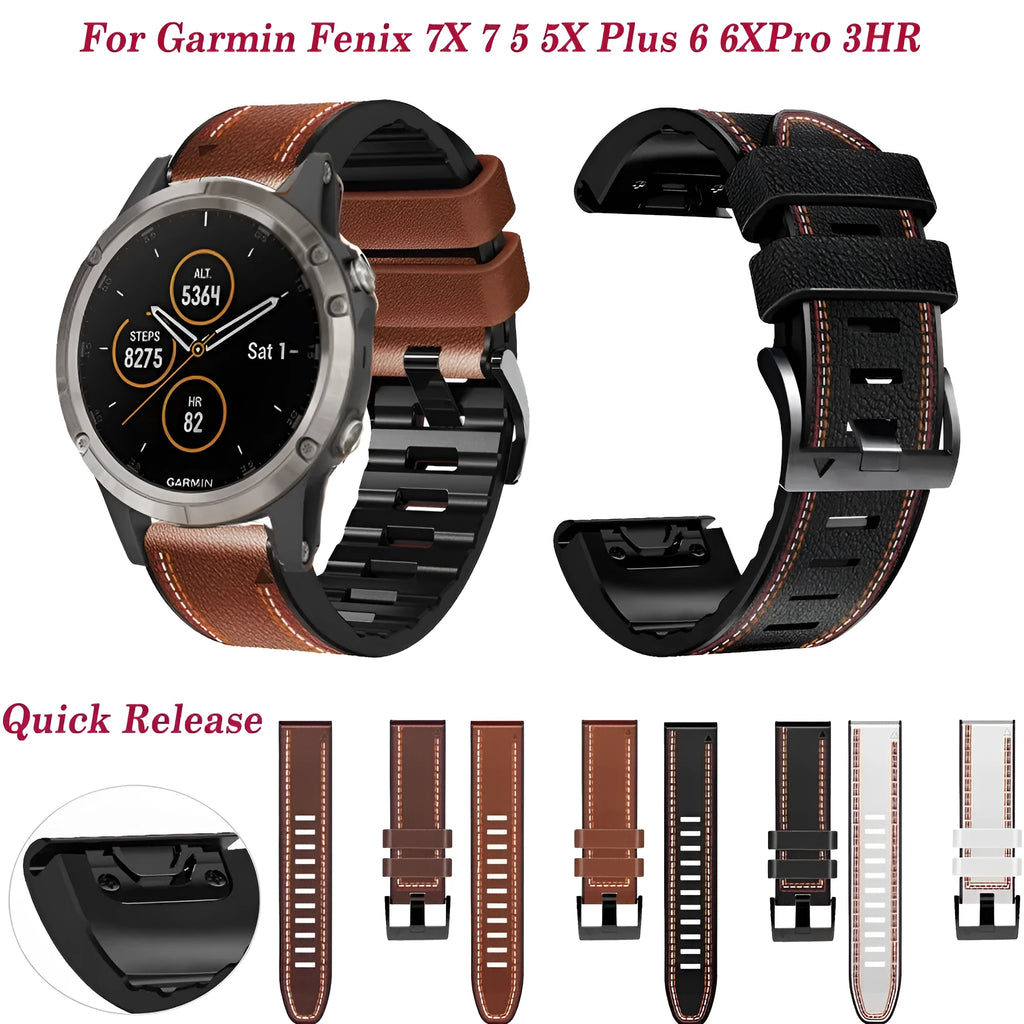 Quick release silicone leather watchband for Garmin Fenix watches in black, shown detached.