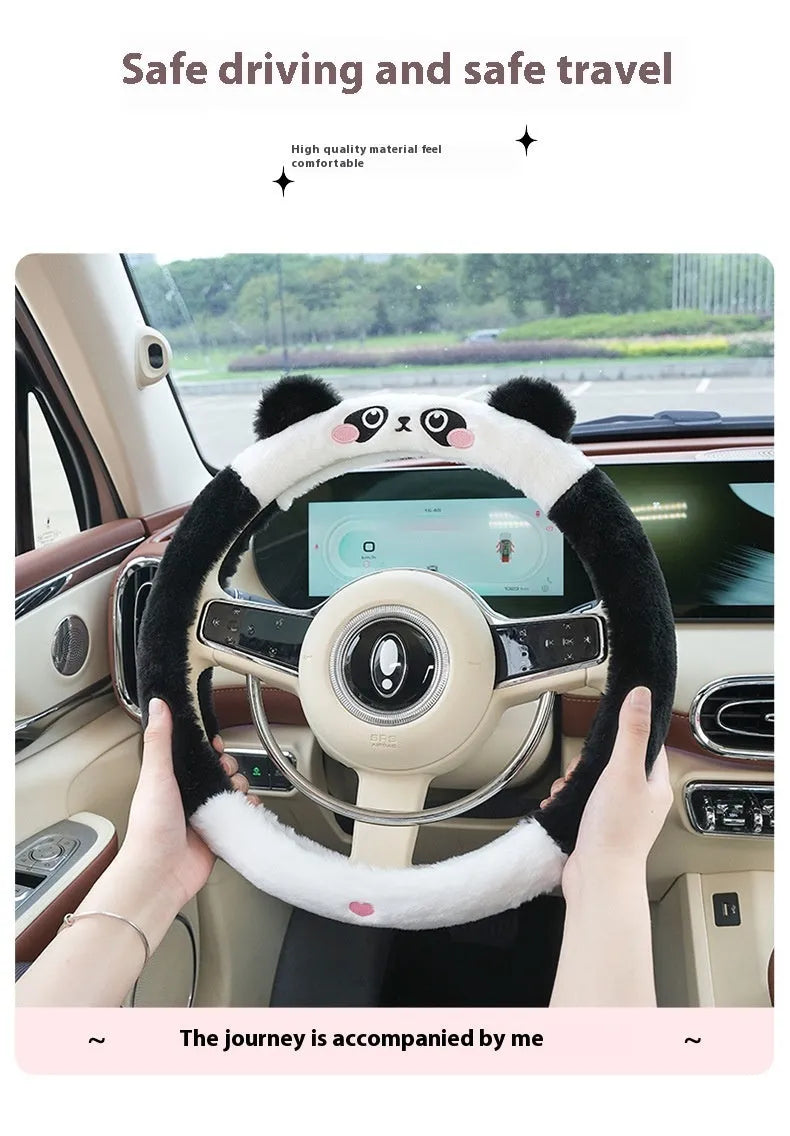 38cm plush thermal car steering wheel cover with embroidered cartoon animal designs
