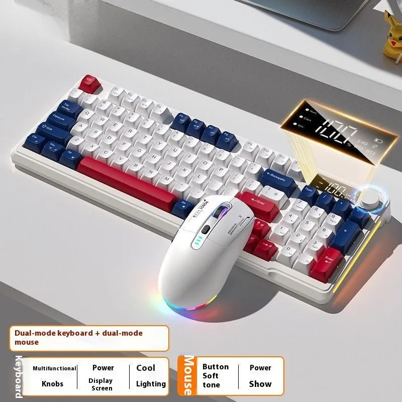 Wireless Bluetooth keyboard and mouse set with ball cap keycaps and multiple colour options on a desk
