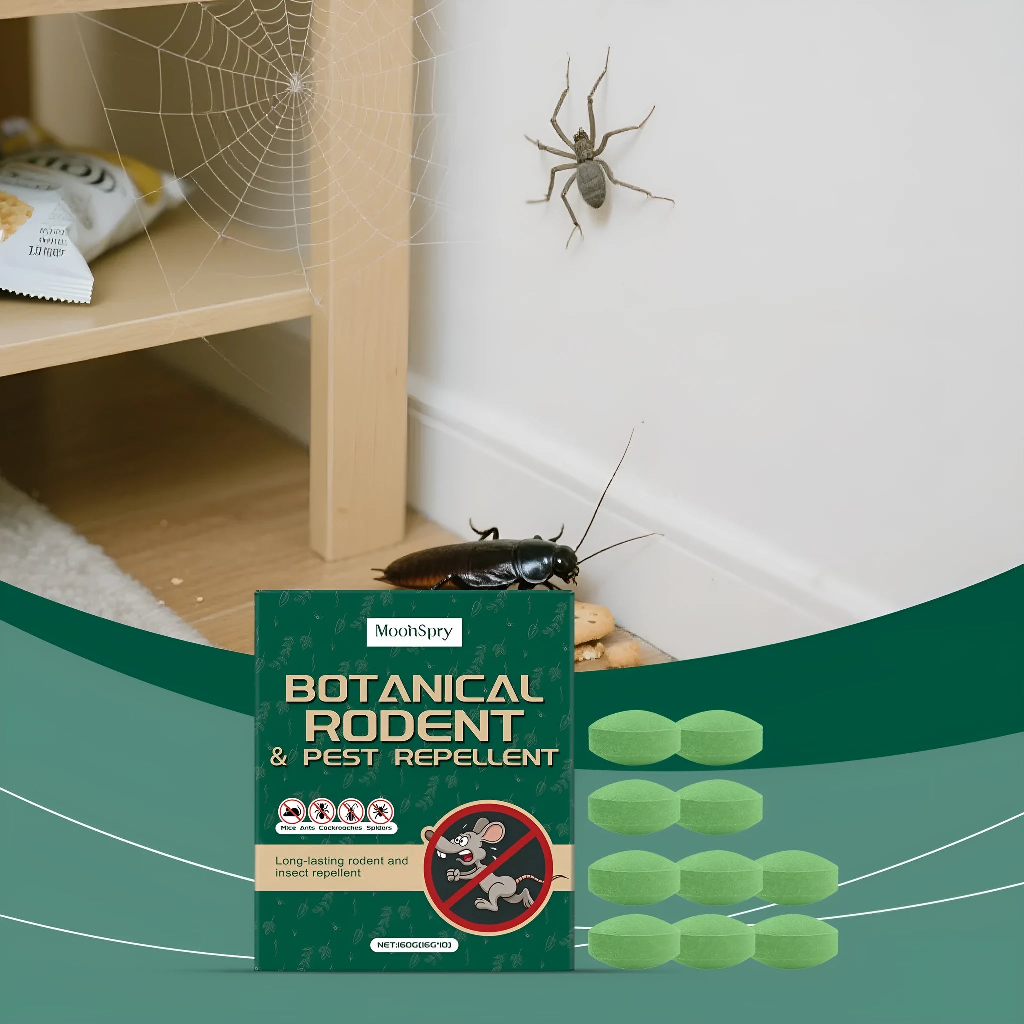 Ten grey rodent repellent pills and three white mesh bags for warehouse and household pest control.