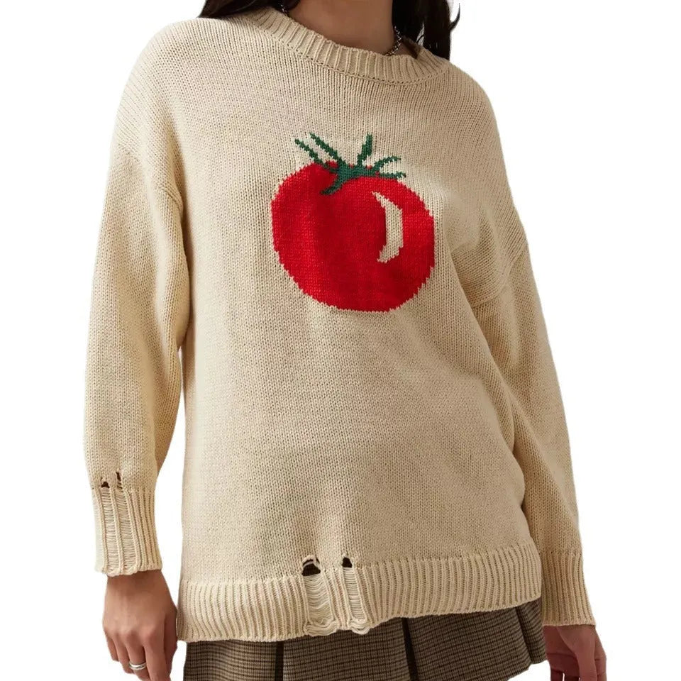 Women's milky white acrylic jacquard sweater with round neck and long sleeves