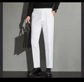 Men's straight leg ankle-length suit trousers in apricot colour on a model