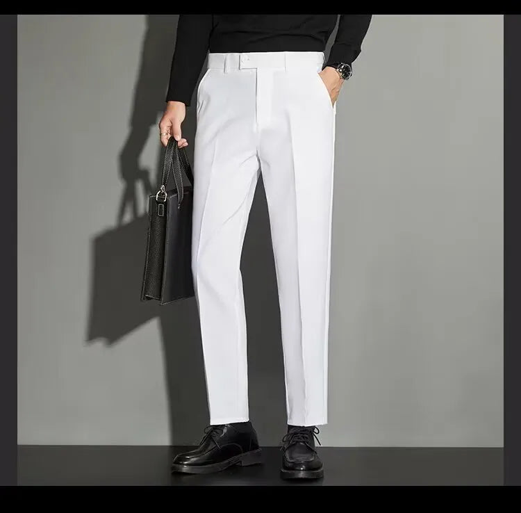 Men's straight leg ankle-length suit trousers in apricot colour on a model
