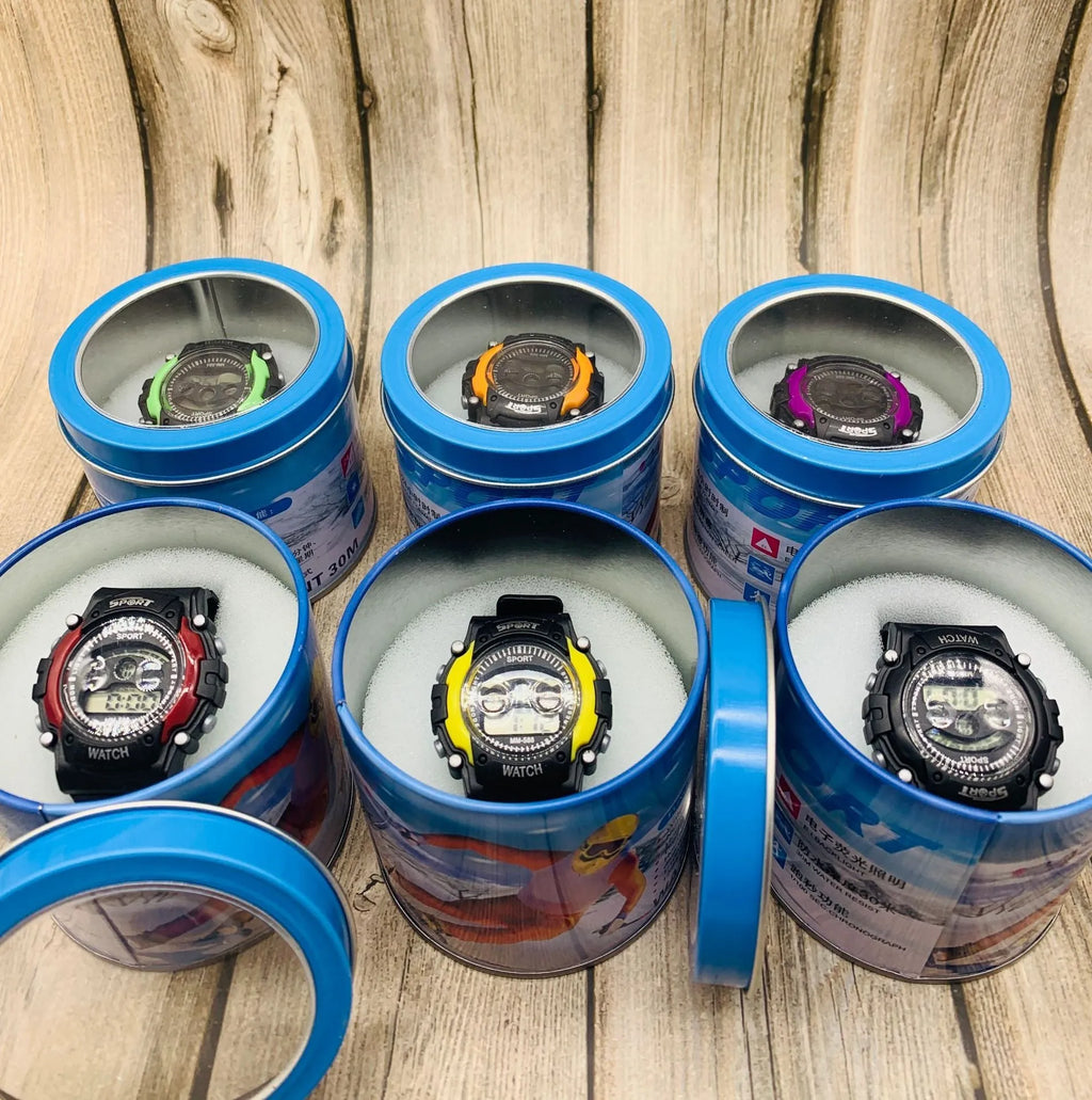 Children's electronic digital sports watch with silicone strap and mixed colour design showing alarm, calendar and countdown functions